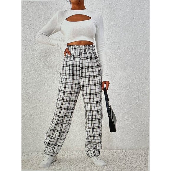 SHEIN High Waist Plaid Textured Pull On Pants S - Picture 4 of 6